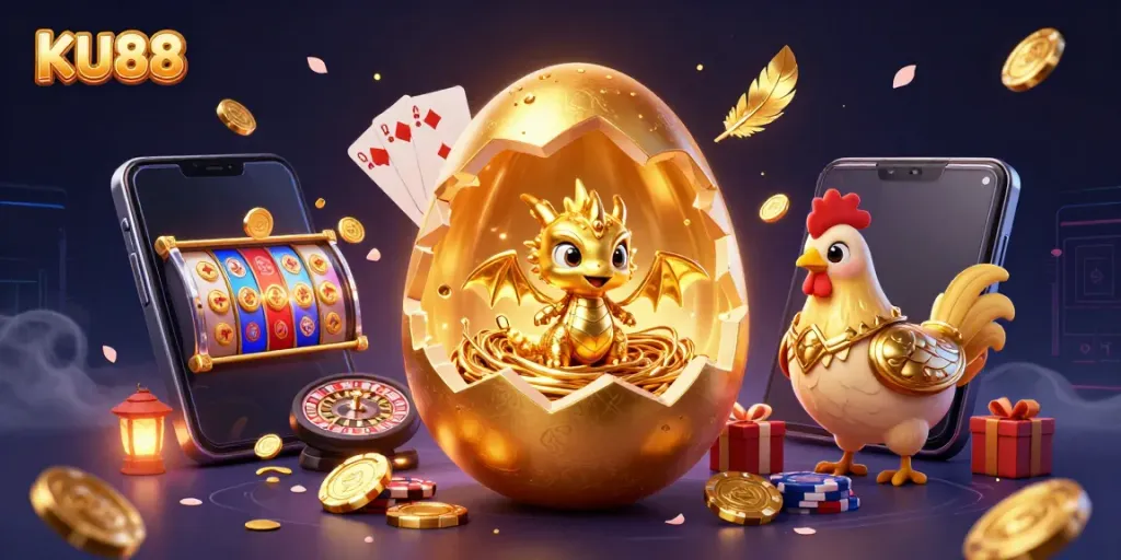 Experience high-stakes excitement with KU88, featuring a golden dragon and vibrant slot games.