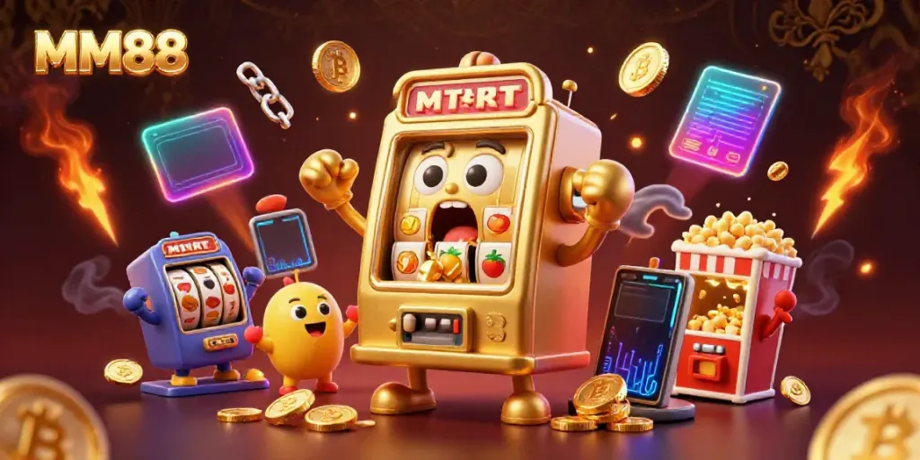 Experience MM88's exciting jackpots with a lively scene of golden slot machines celebrating big wins.