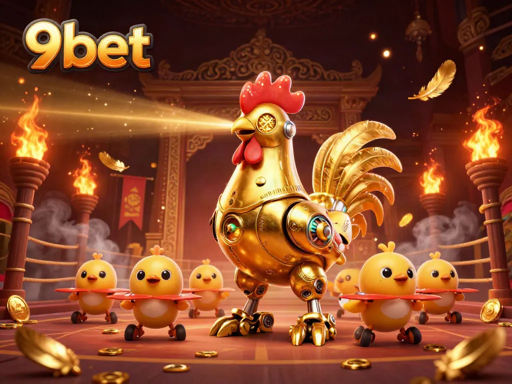 Experience thrilling bets with 9bet's dynamic casino scene featuring golden rooster robot and drones.
