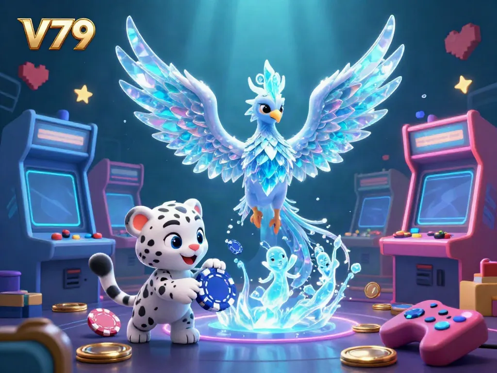 Experience the vibrant world of V79 casino gaming with dazzling characters and dynamic gambling elements.