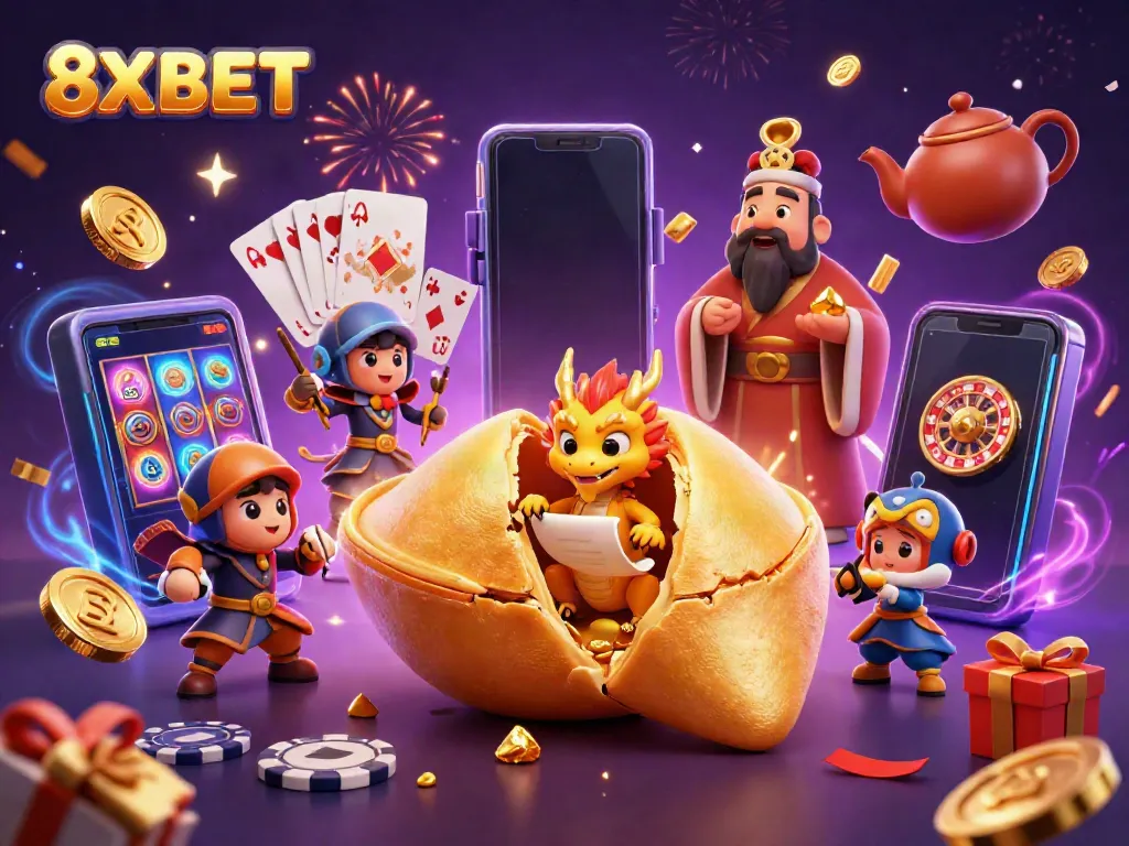 Engage in thrilling 8XBET adventures with dynamic characters and casino elements in a colorful setting.