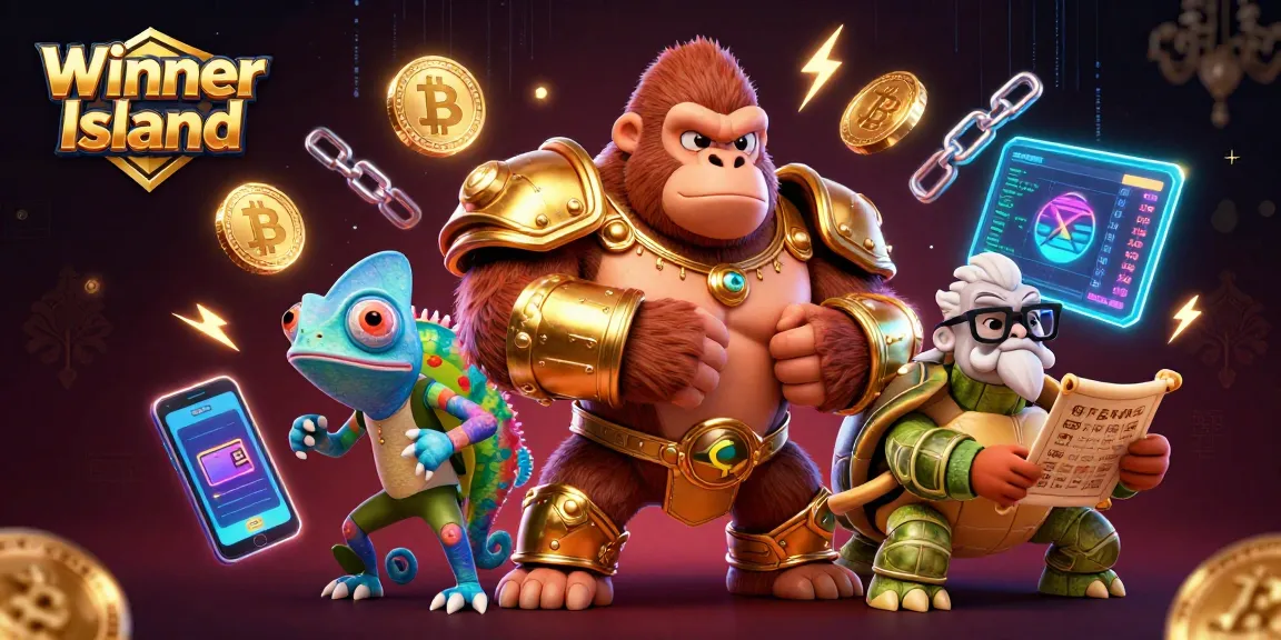 Winning at Winner Island Casino with vibrant 3D characters and crypto elements.