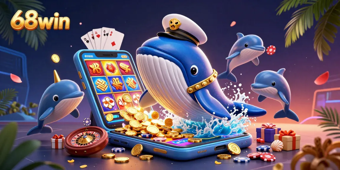 Experience the excitement of 68win in this vibrant 3D casino scene with playful characters and games.
