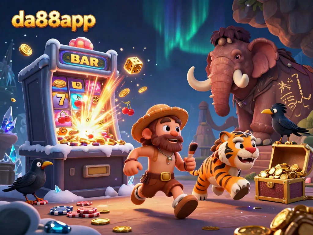 Experience the thrilling action at da88app, where cavemen spin stone poker chips in a prehistoric casino.
