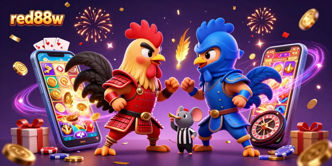 Engage in thrilling action with red88w as roosters fight among casino games, showcasing an exciting betting scene.