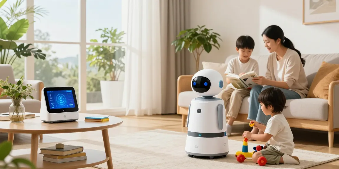 Home robot 2026 assisting a family in a bright living room while organizing toys, creating a modern and inviting atmosphere.