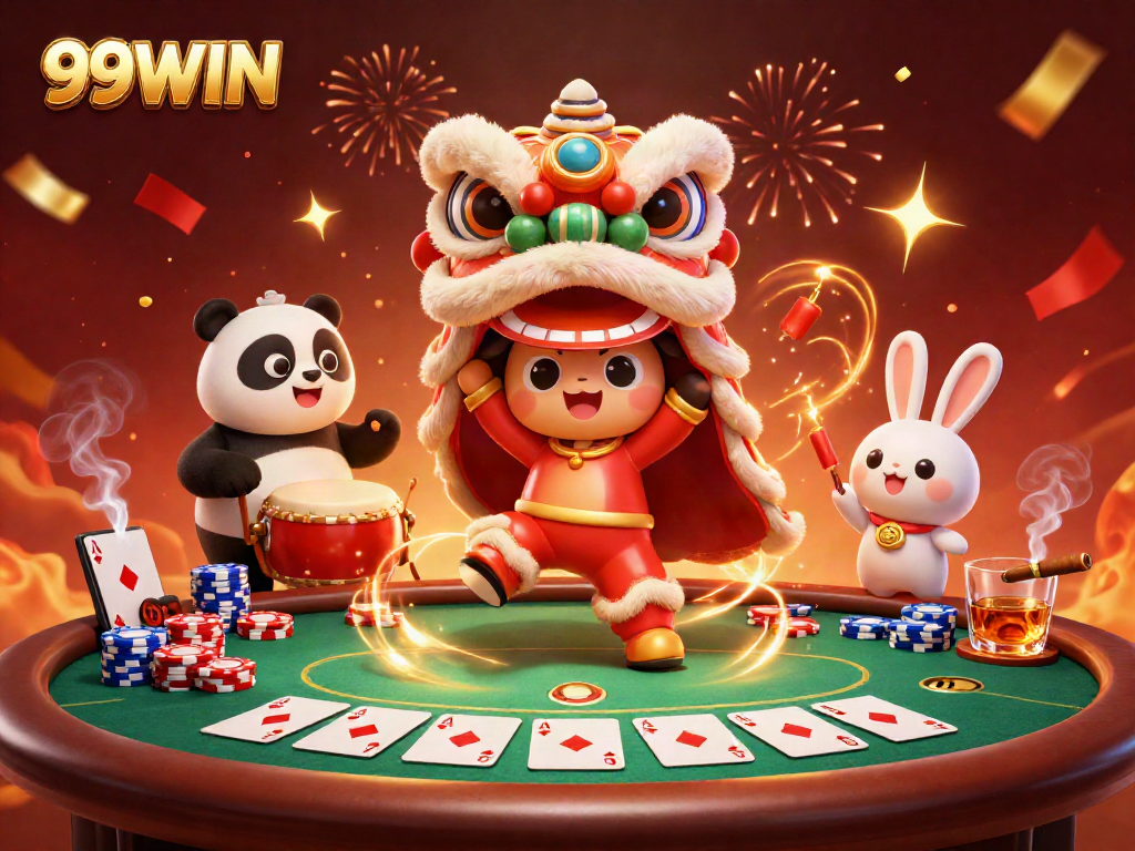 Experience the excitement of 99WIN with a vibrant casino illustration featuring lively characters.