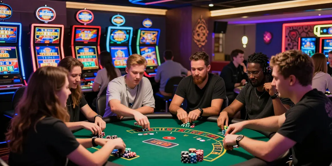LUCK8 casino scene with friends playing games and enjoying vibrant atmosphere.