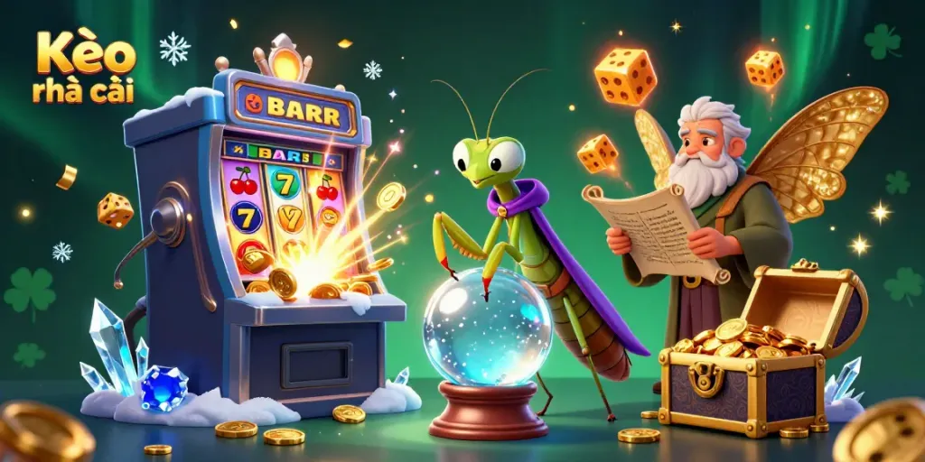 Engage with Kèo nhà cái as a 3D cartoon scene unfolds featuring casino elements like a slot machine and mystical characters.