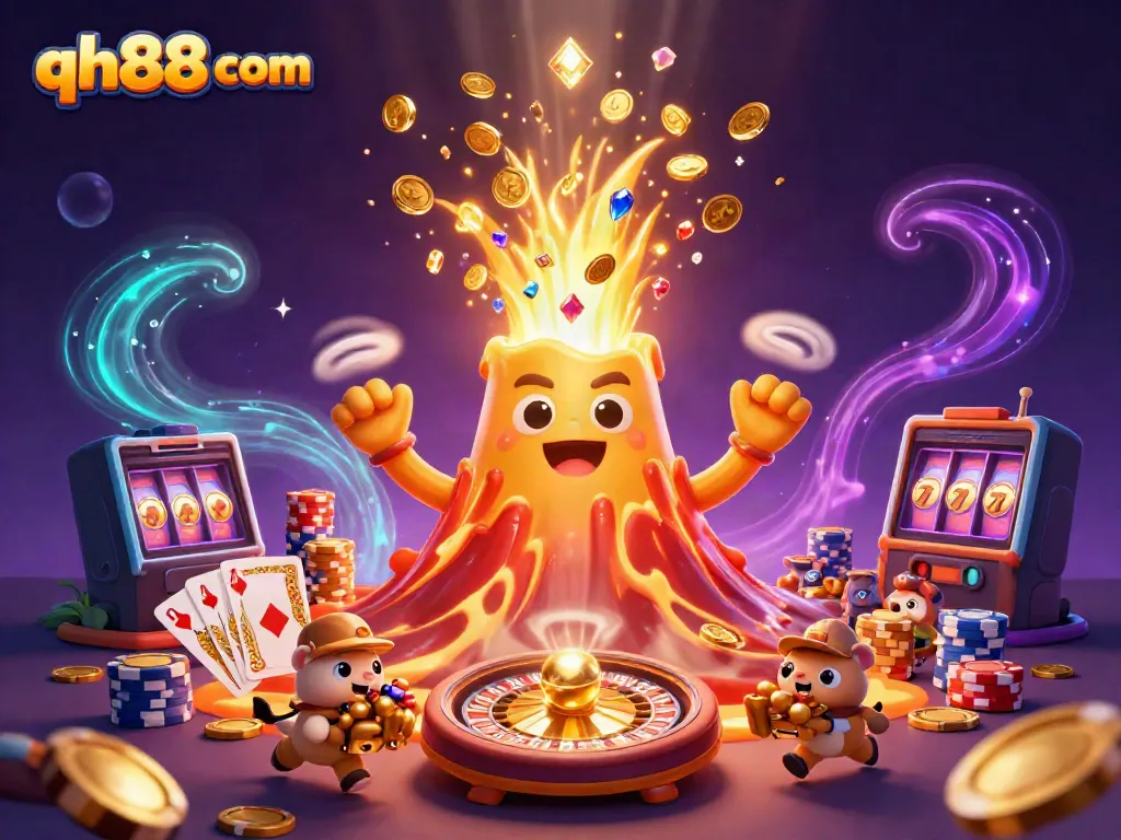 Experience thrilling wins at qh88 com with a vibrant 3D illustration of a golden volcano, treasure, and casino elements.