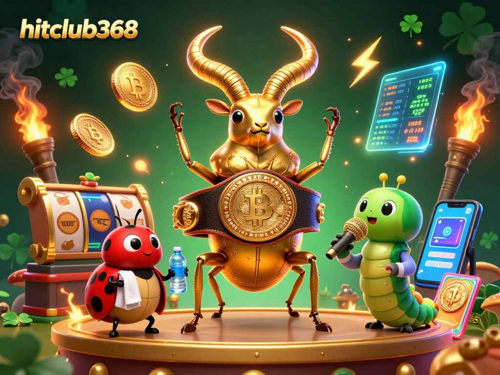 Engage in excitement with hitclub368 featuring a golden stag beetle champion amidst vibrant gaming elements.