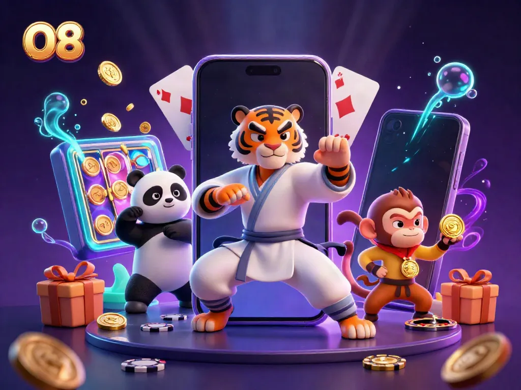 Experience the excitement of O8 with a kung fu tiger master, panda disciple, and monkey student in a vibrant casino scene.