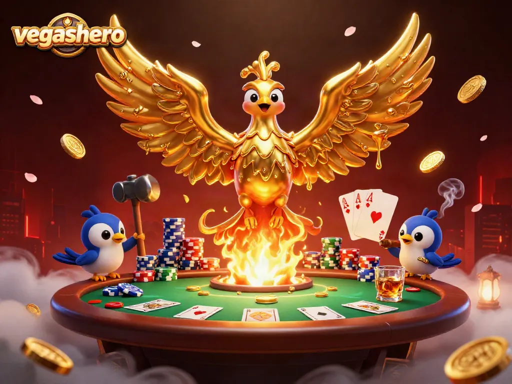 Experience top-notch gaming at vegashero casino, featuring vibrant casino elements and a golden phoenix.
