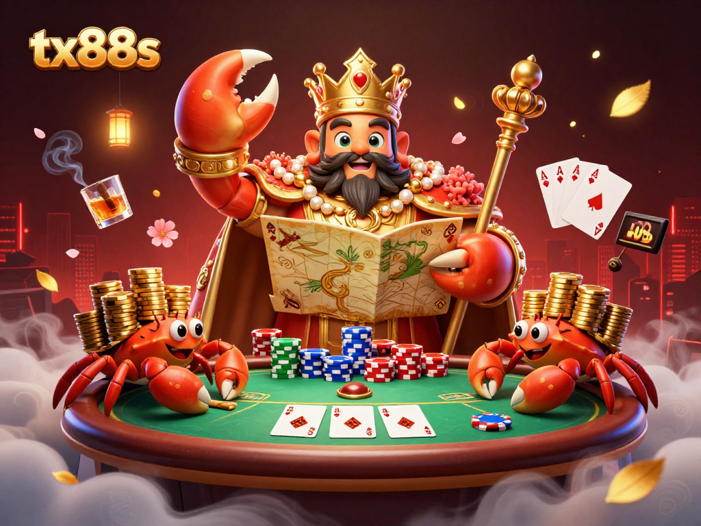 Engage with tx88s' vibrant casino scene featuring a golden crab emperor and poker elements.