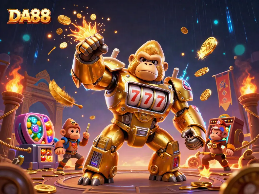 Ignite your DA88 gaming experience with a dynamic illustration of a golden gorilla mech amidst casino elements.