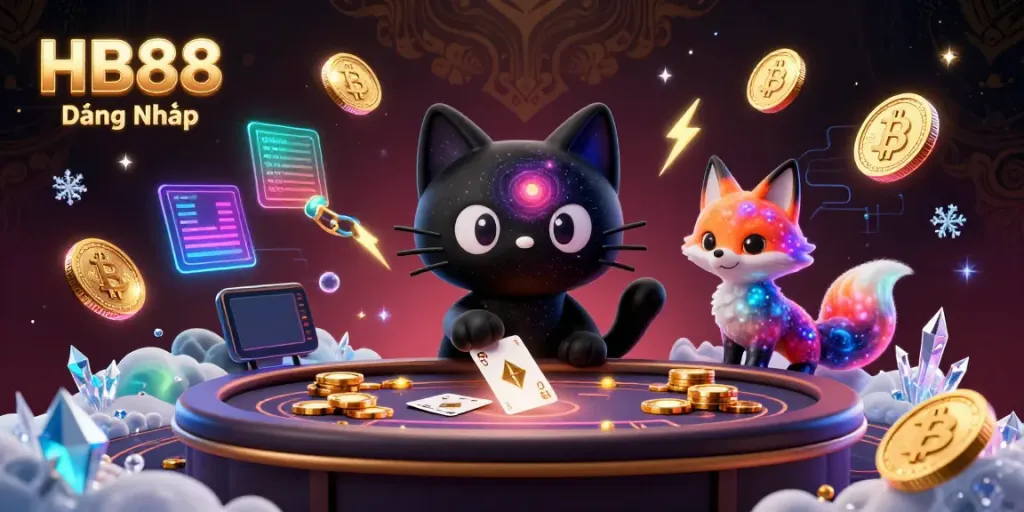 Relish the excitement of HB88 Đăng Nhập with a vibrant cosmic casino scene featuring playful characters and glowing crypto elements.