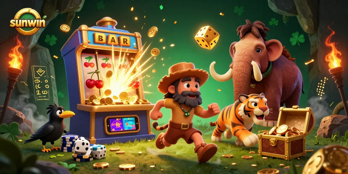 Experience thrilling wins at sunwin in a vibrant prehistoric casino with slot machines and lively characters.