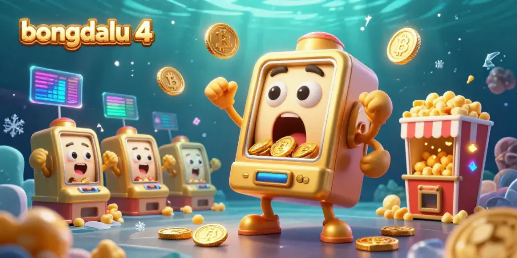 Engage with bongdalu 4's thrilling gaming experience as the golden slot machine hits a jackpot amid cheering baby slots and cryptocurrency 3D elements.