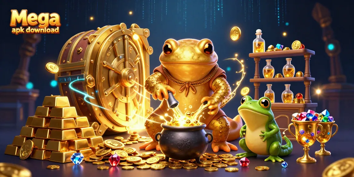 Experience the thrill of mega apk download with immersive gaming and gold rewards in this vibrant illustration.