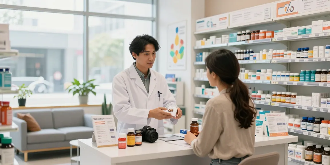 Unieke Pharma Shop met apotheker die klant adviseert over hoogwaardige gezondheidsproducten.