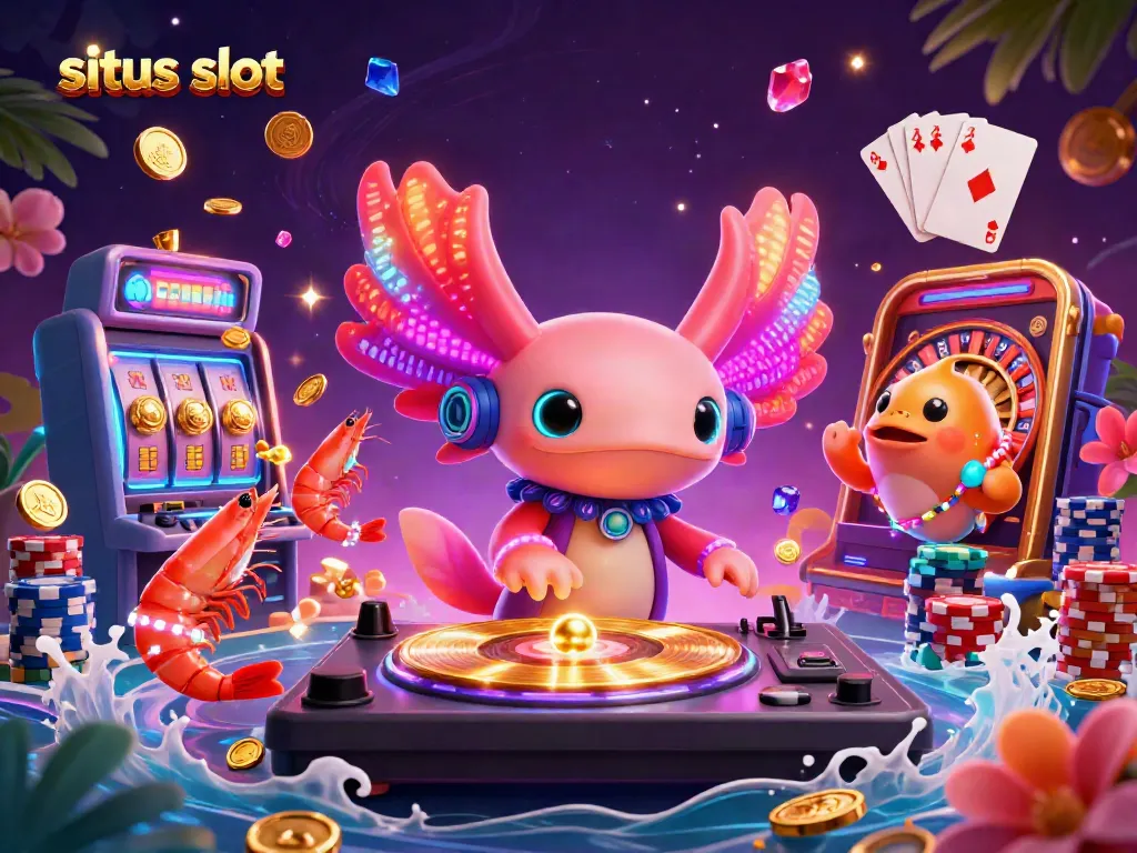 Engage with situs slot in a vibrant casino adorned with dynamic gaming elements and lively characters.