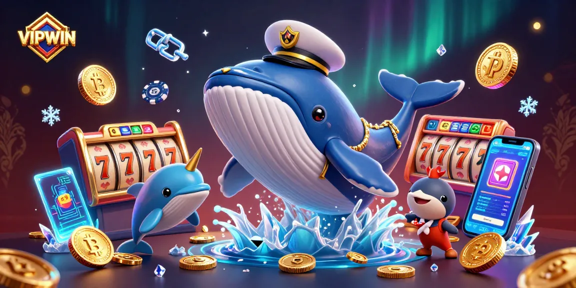 Engage with VIPWIN while winning slots, surrounded by coins, whales, and playful dolphins.
