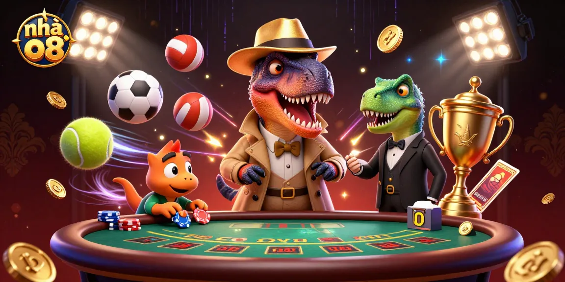 Experience thrilling moments at nhà cái o8 with a velociraptor at a blackjack table amidst dynamic sports elements.