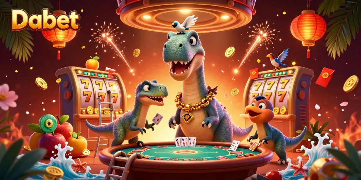 Dabet offers a vibrant 3D casino scene with a brontosaurus, raptor, and slot games.