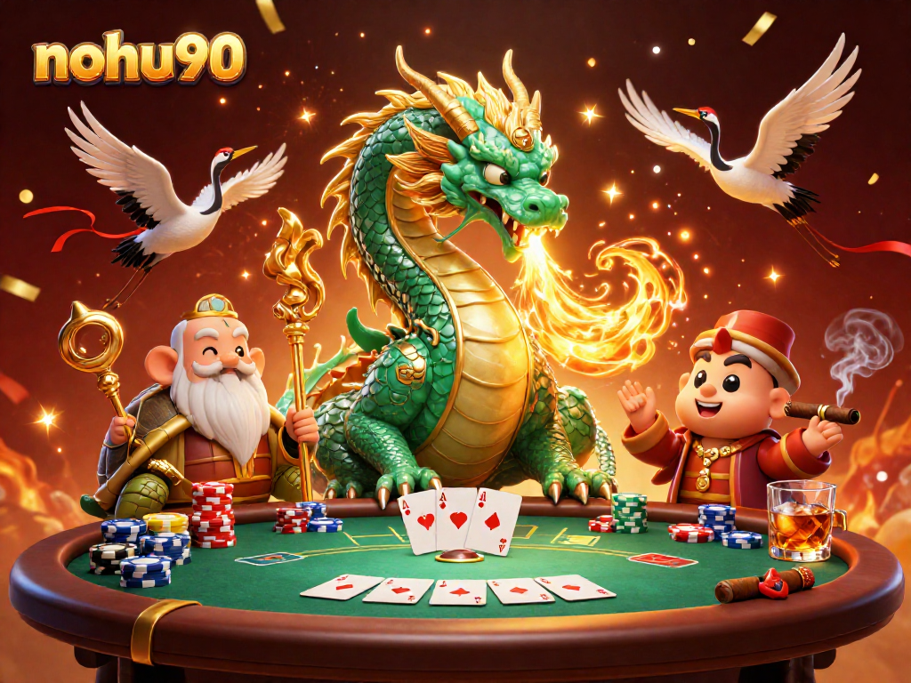 Experience nohu90's thrilling poker adventure with a dragon, turtle sage, and lucky cranes!
