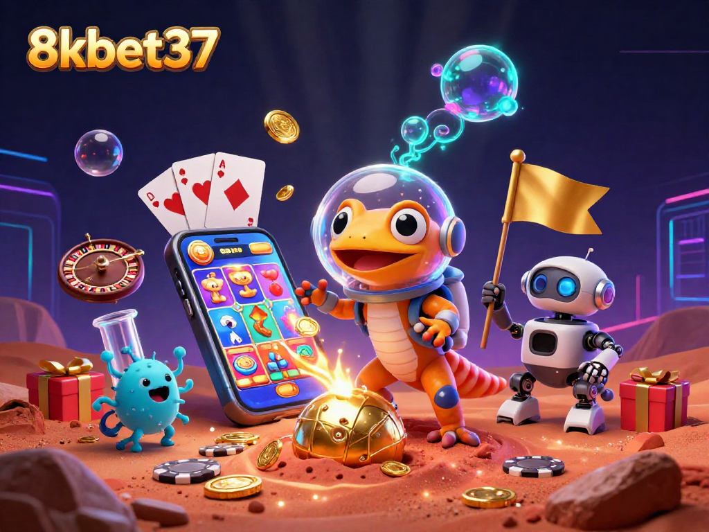 Experience the excitement of 8kbet37 with Martian characters celebrating a vibrant casino scene.