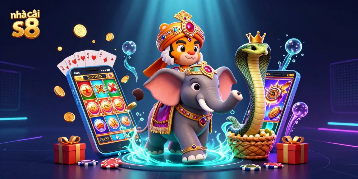 Experience the thrill at nhà cái s8 with a vibrant 3D casino illustration of games and lucky symbols.