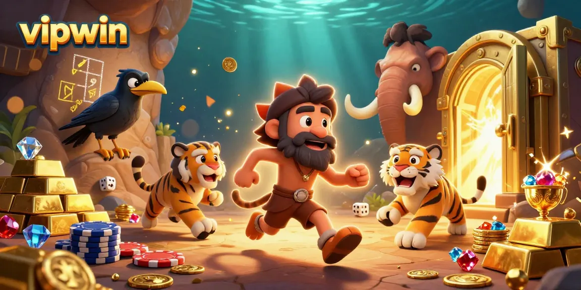 Experience excitement at vipwin with cavemen and tigers in a vibrant prehistoric casino scene.