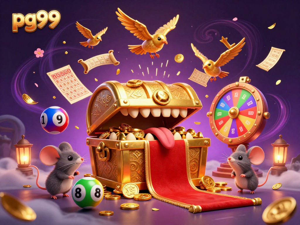 Engage with pg99 in a vibrant lottery scene, featuring dynamic characters, colorful lottery elements, and captivating casino visuals.