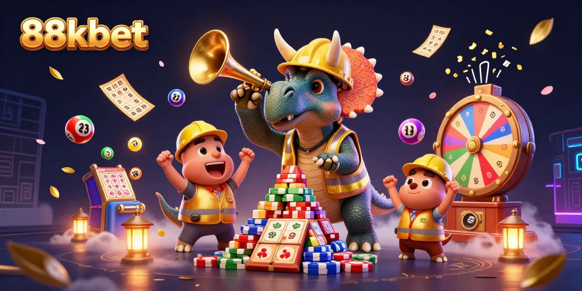 Cheerful scene with a triceratops and parasaurolophus celebrating 88kbet lottery wins.