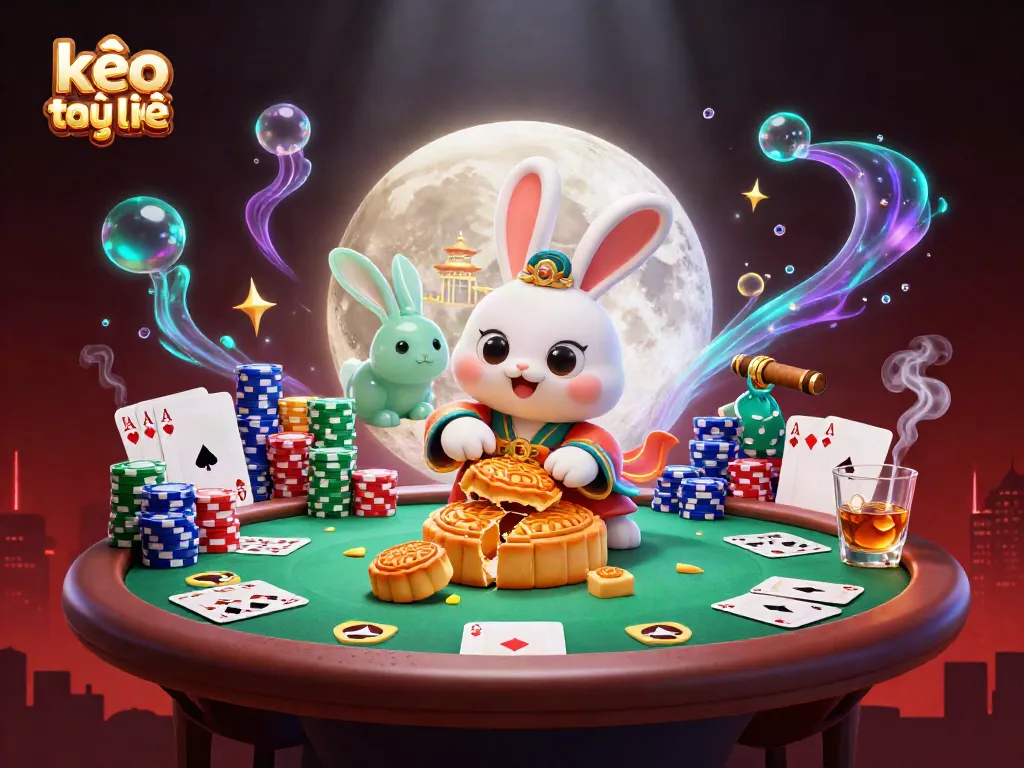 Engage in kèo trực tuyến action with a dynamic lunar poker scene featuring moon rabbits.