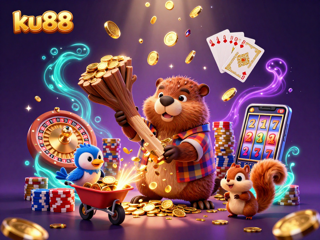 ku88 brings luck with a lumberjack beaver, cascading coins, and vibrant casino action