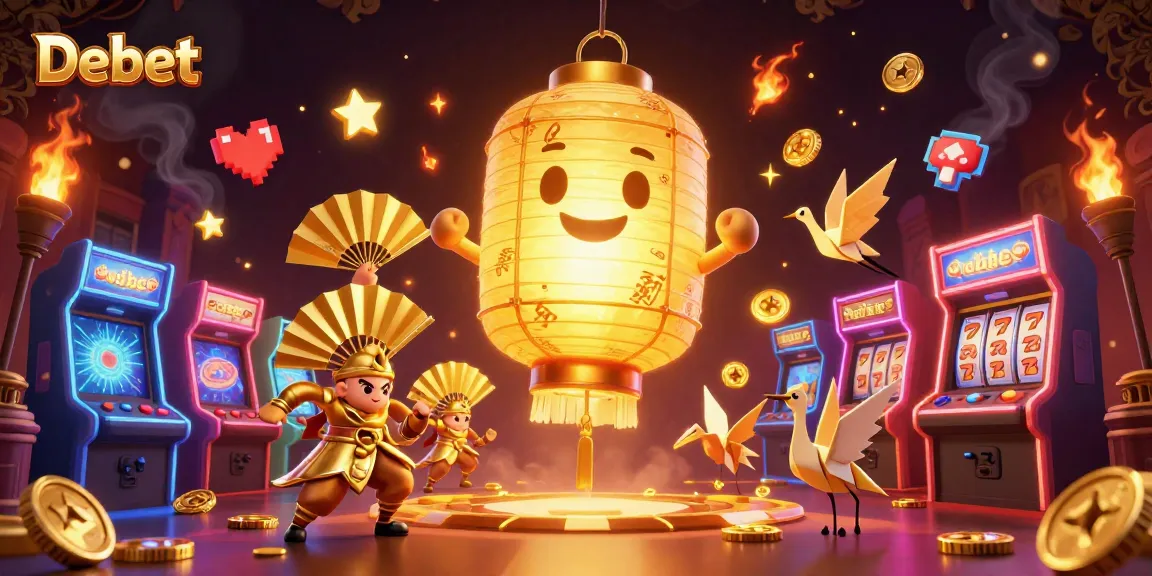 Engage with the Debet casino experience featuring vibrant elements like golden lanterns and gaming icons.