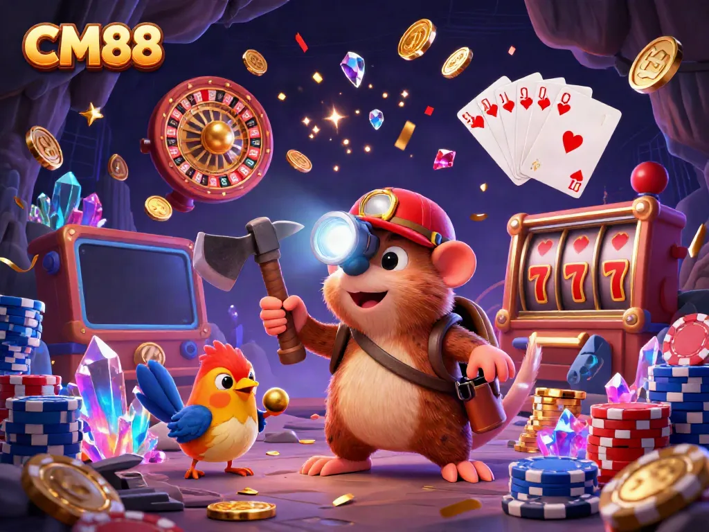 Engage with CM88's thrilling gaming experience in this vibrant casino-themed illustration.