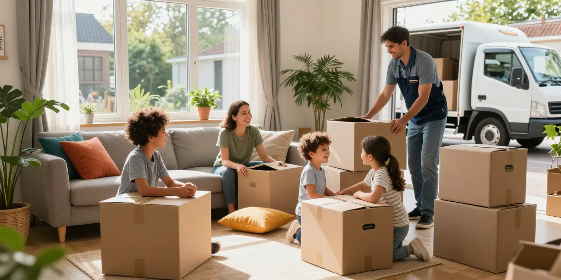 Cheerful family unpacking boxes with verhuisbedrijf den haag outside in a bright living room.