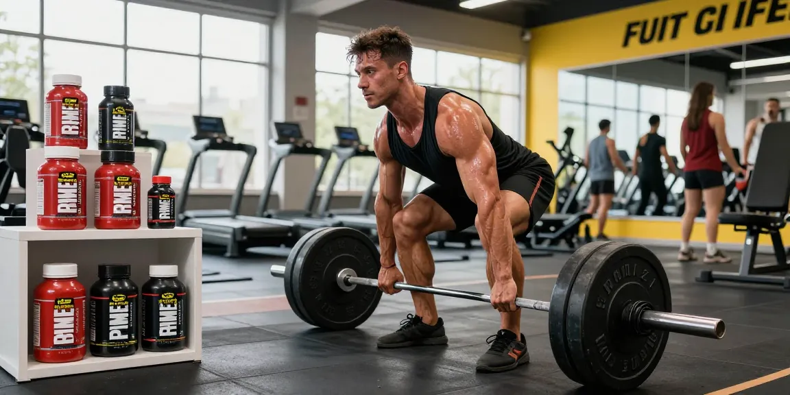 Bodybuilder lifting weights while showcasing Prime Pharma Steroiden in a bright gym environment.