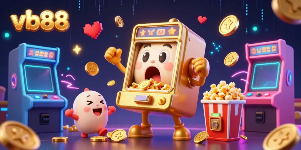 Experience the thrill at vb88 with a cheerful golden slot machine celebrating a big win, surrounded by games.
