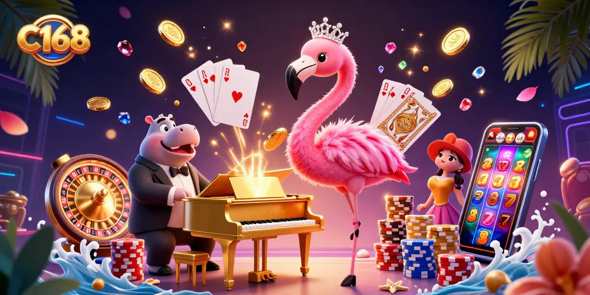 C168 captivates with vibrant casino flair as coins cascade and a flamingo sings.