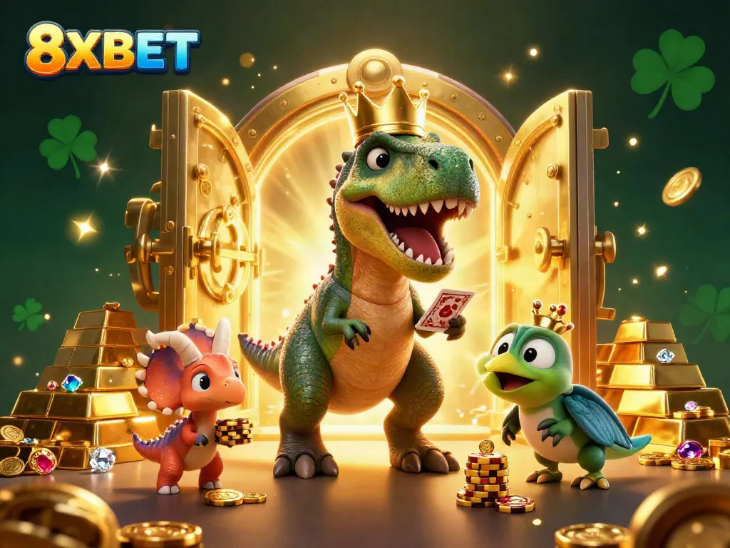 Engage with 8XBET in a rich casino scene featuring a T-Rex shuffling cards with golden treasures around