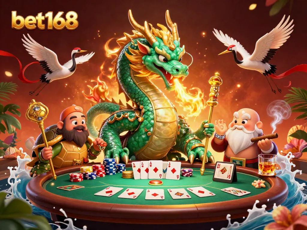 Experience thrilling gameplay at bet168 with a vibrant casino scene featuring dynamic poker elements and mystical creatures.