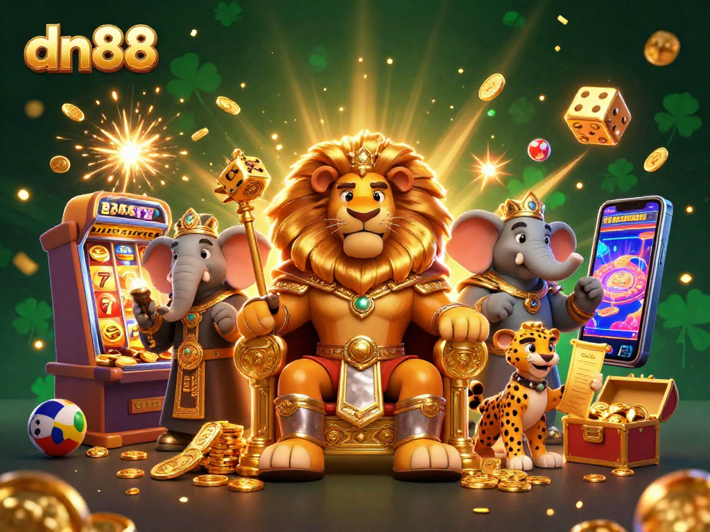 Experience thrilling gameplay at dn88 with a vibrant scene featuring a lion king and casino elements.