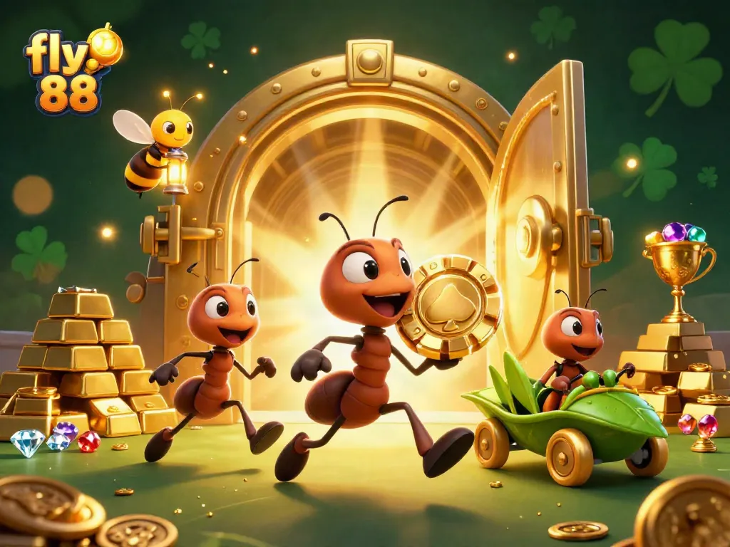 Engage in thrilling gameplay with fly 88 as cartoon ants execute an extraordinary heist in a vibrant casino scene.