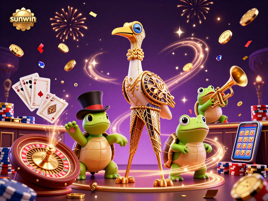 Experience the thrill of sunwin with a colorful casino scene featuring lively characters and a dynamic gaming atmosphere.