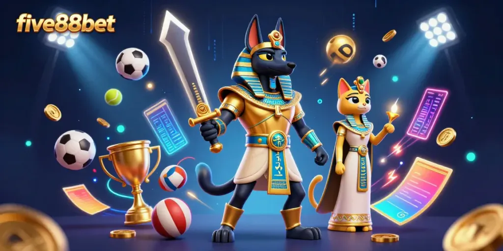 Engage in thrilling action with five88bet, featuring Anubis and Bastet amid sports elements and neon lights.