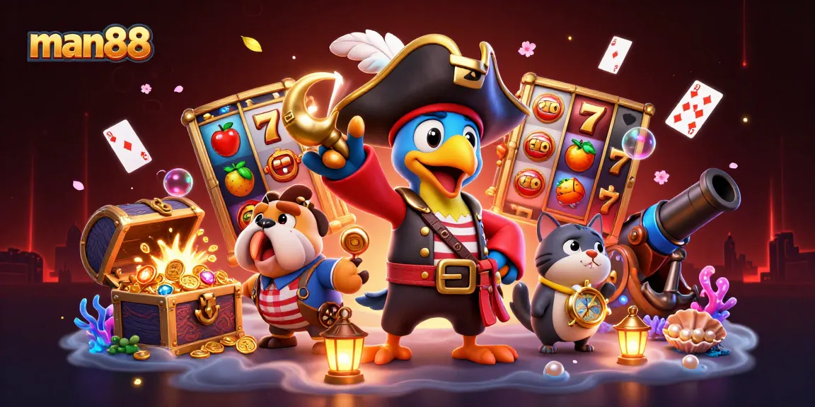 Engage with man88's thrilling slot games and pirate adventure in this stunning 3D scene.