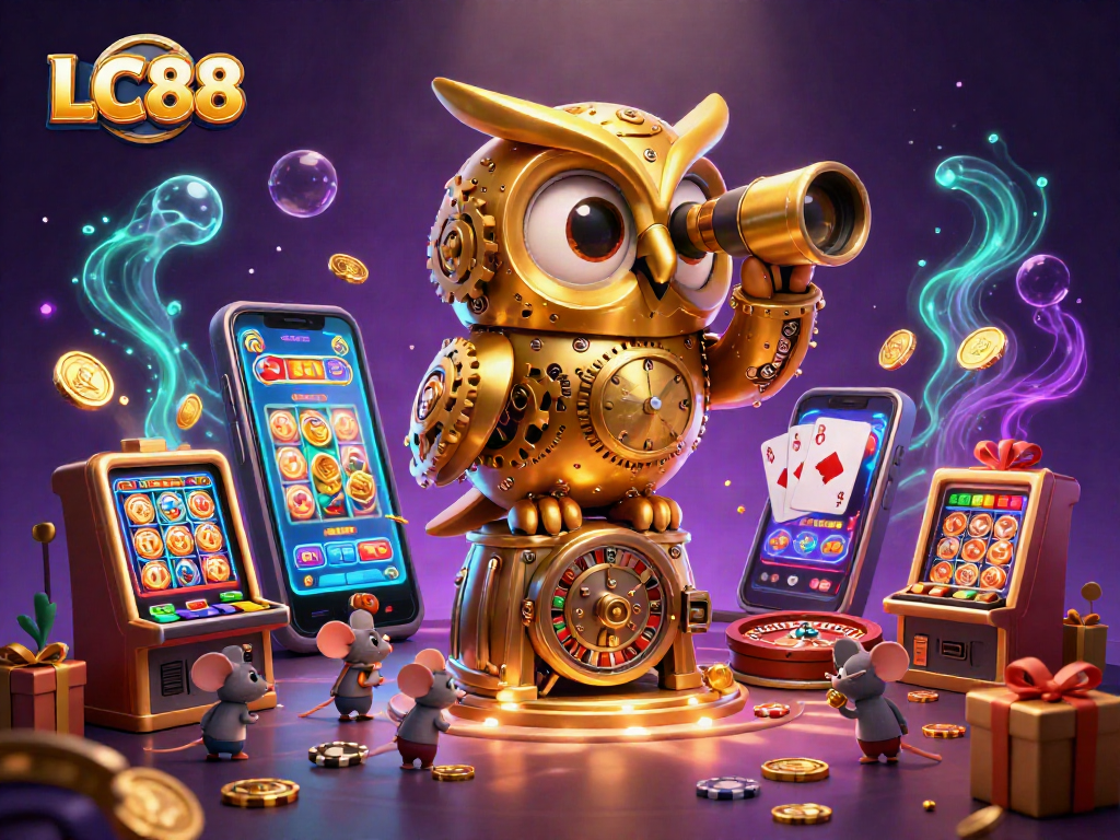 Experience thrilling wins at LC88 with a captivating 3D illustration of a golden owl overseeing an animated casino.